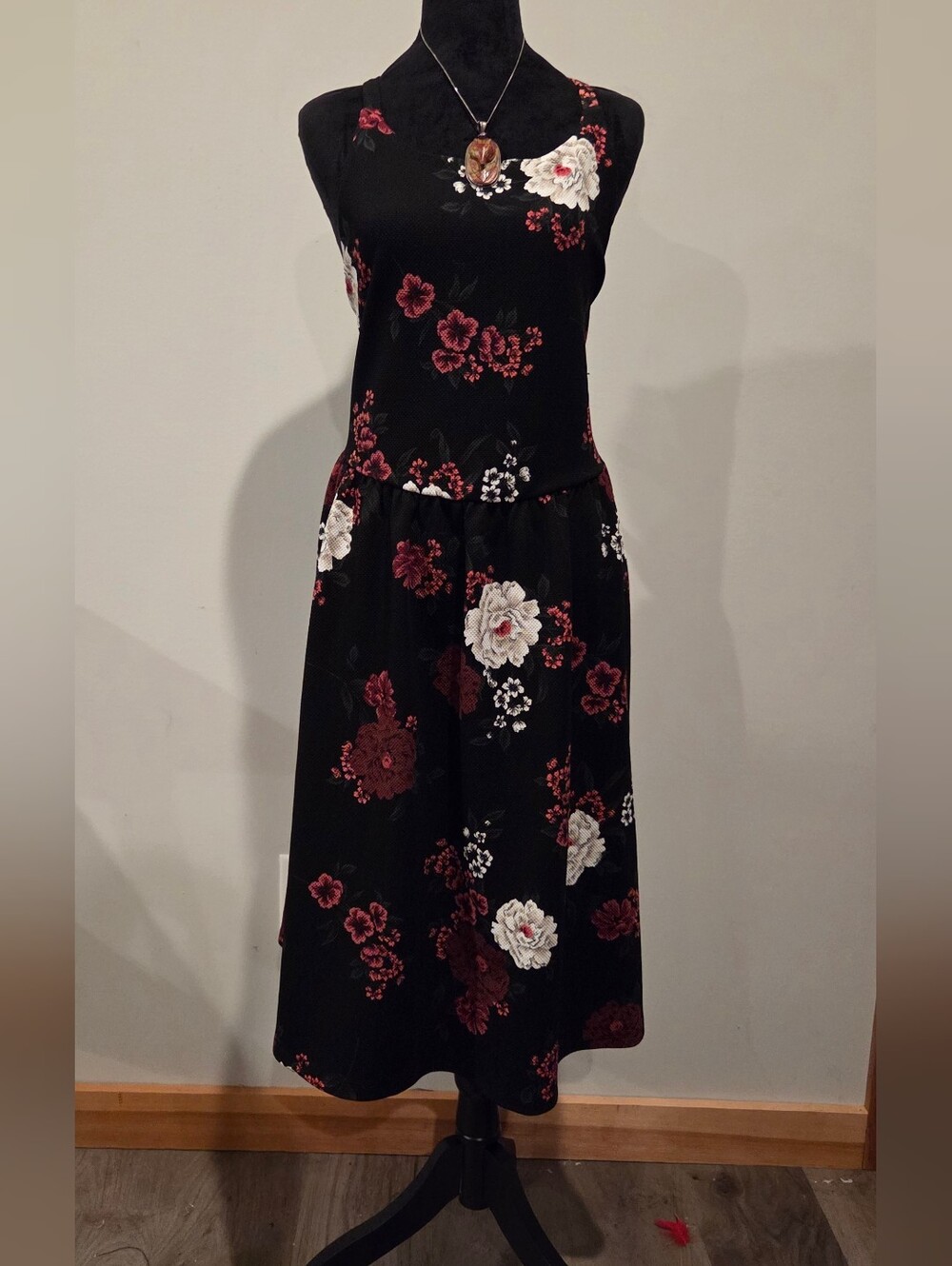 torrid Black Midi Dress with White & Burgundy Floral Print